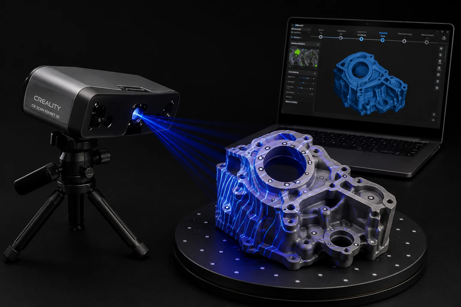 3D scanner capturing an industrial mechanical component for reverse engineering
